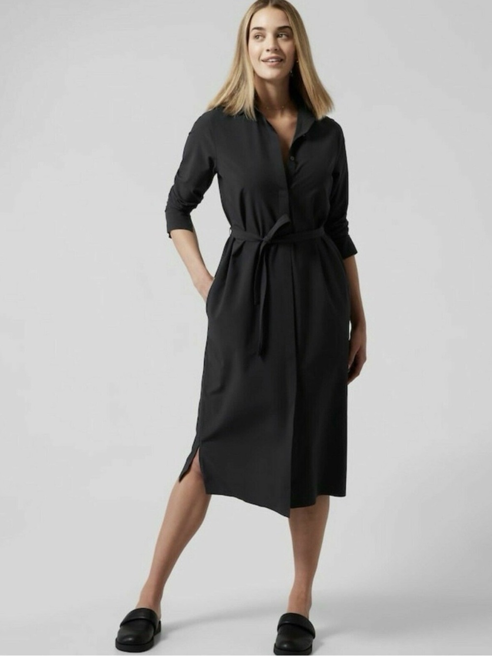Athleta | Urbanite Black Midi Shirt Dress Long Sleeve Pockets Medium